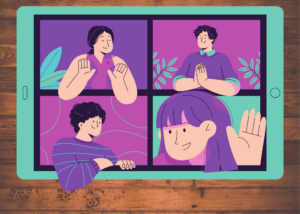 Illustration of four people participating in a virtual call on a tablet.