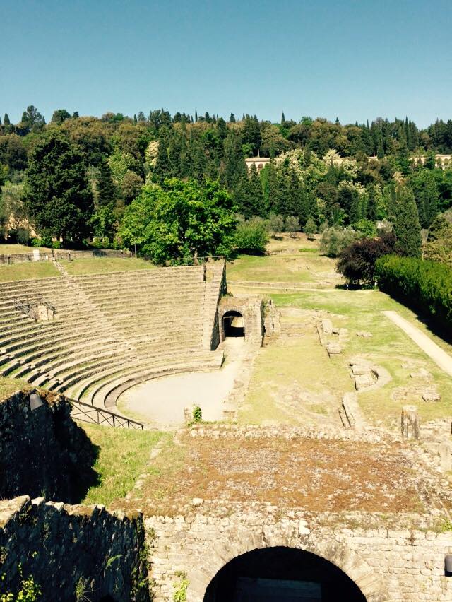 Looking down onto the theater floor and the seating area of the Roman Theater in Fiesole.