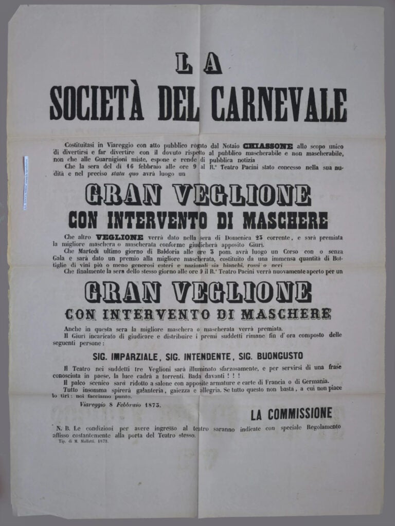 Black, printed text on an aged piece of paper. The paper is the first flyer from the 1873 Carnevale.